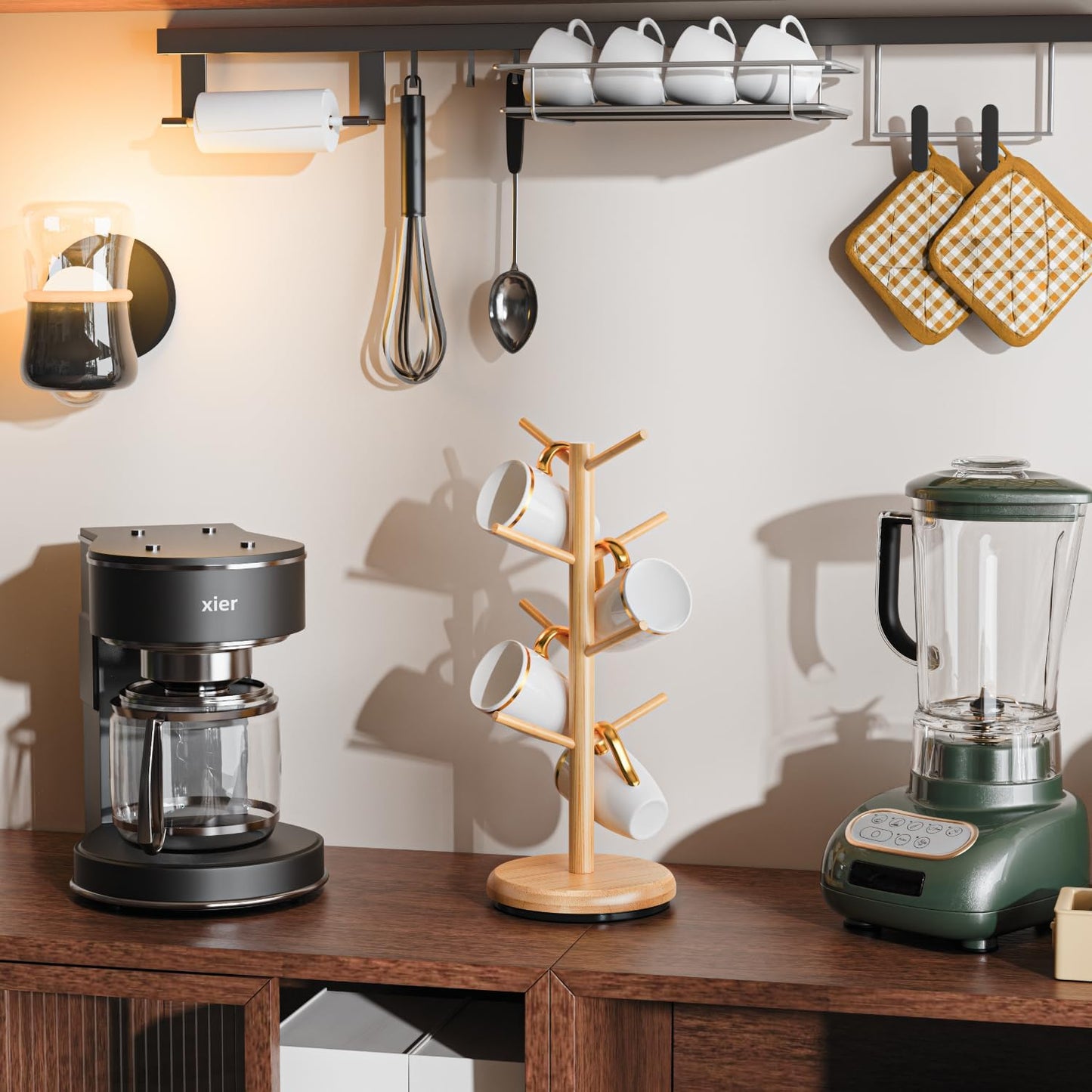 BAMBANG Mug Holder Tree, 360° Rotating 8 Hooks Coffee Cup Holder for Counter Top, Bamboo Coffee Mug Rack Stand for Kitchen Countertop Home, Natural