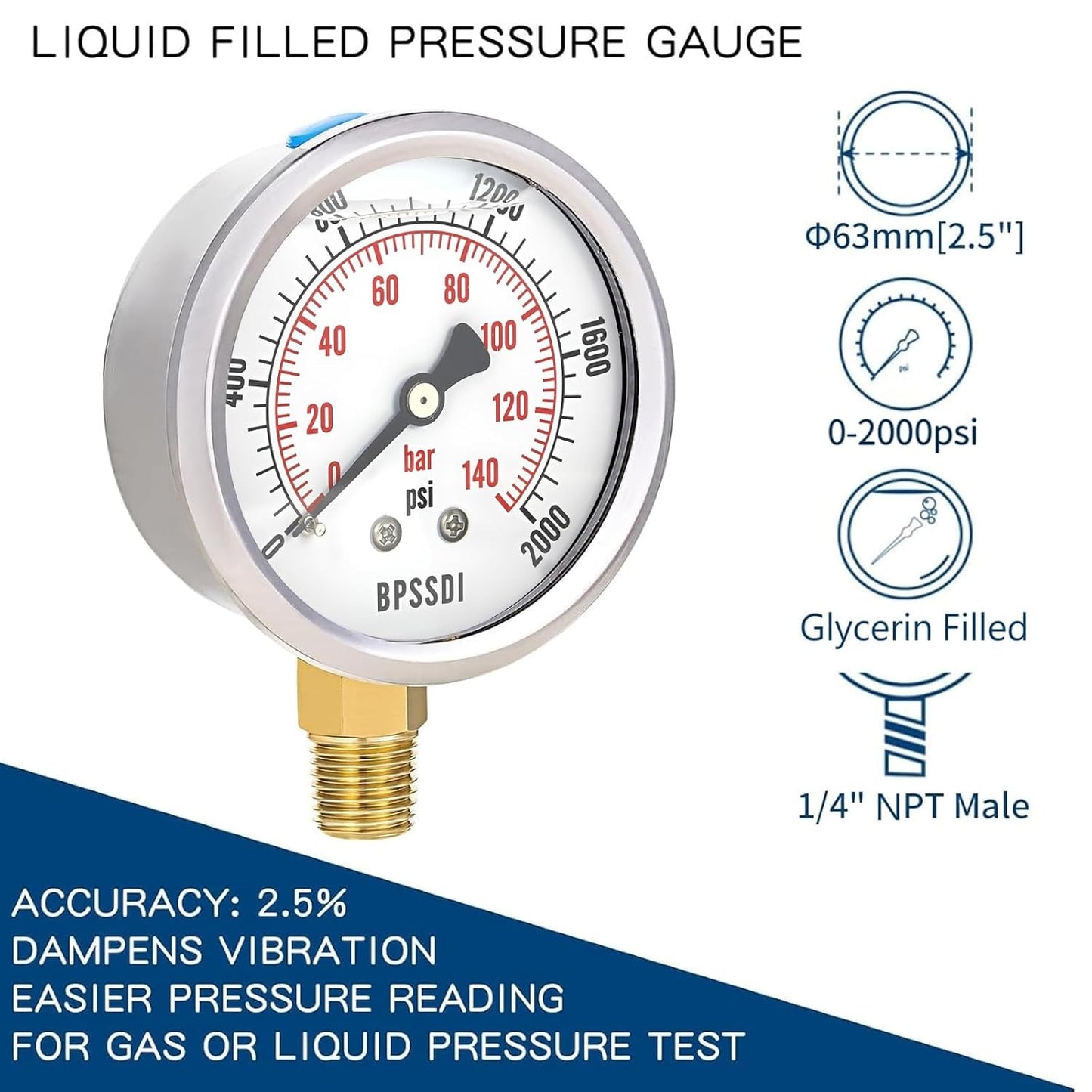 0-2000 Psi Glycerin Liquid Filled Hydraulic High Pressure Gauge, 2.5" Dial Size, 1/4" NPT Lower Mount, 304 Stainless Steel Case, for Water Oil Air Gas Pressure Test