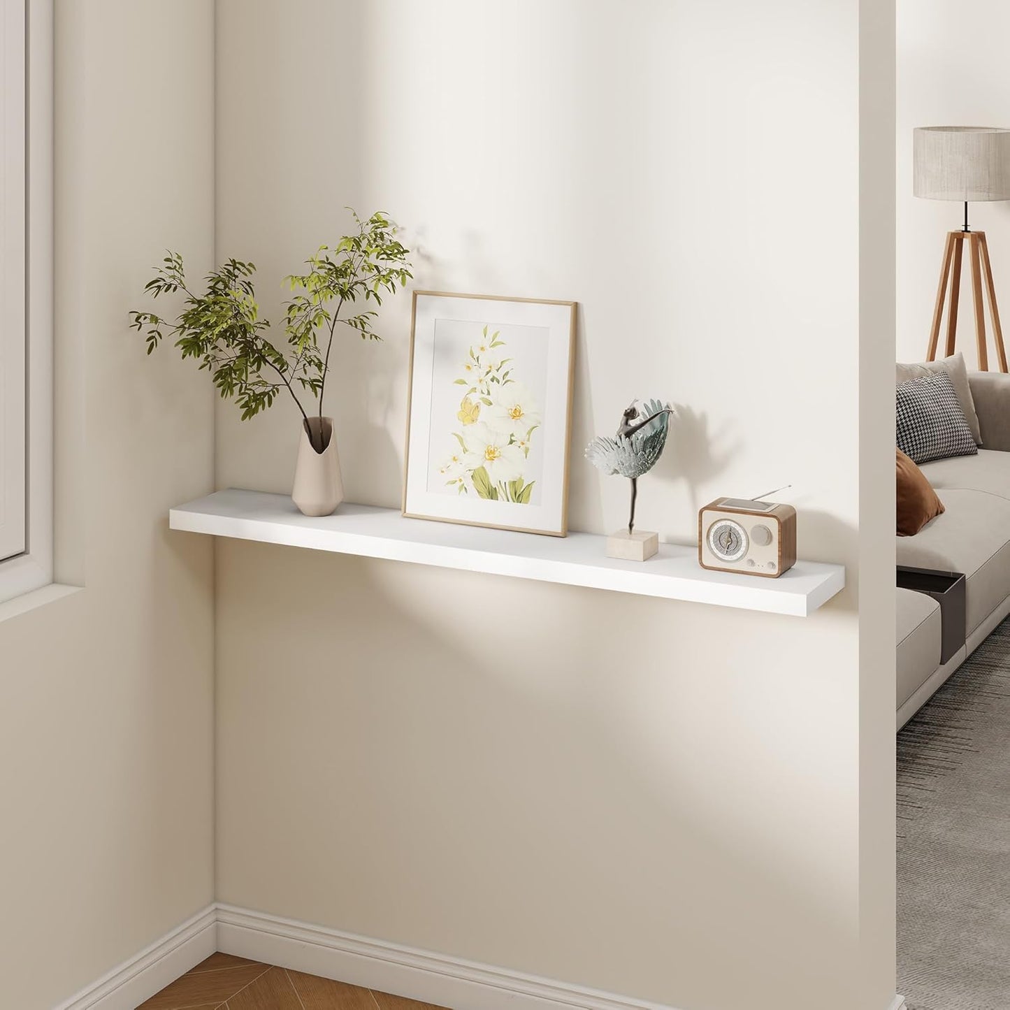 Fun Memories Rustic Real Wood Floating Shelves, 8 Inch Deep Floating Shelf Wall Mounted, 48" W x 8" D Wall Shelves Storage Shelves for Living Room, Bedroom, Bathroom, White Finish, Set of 1