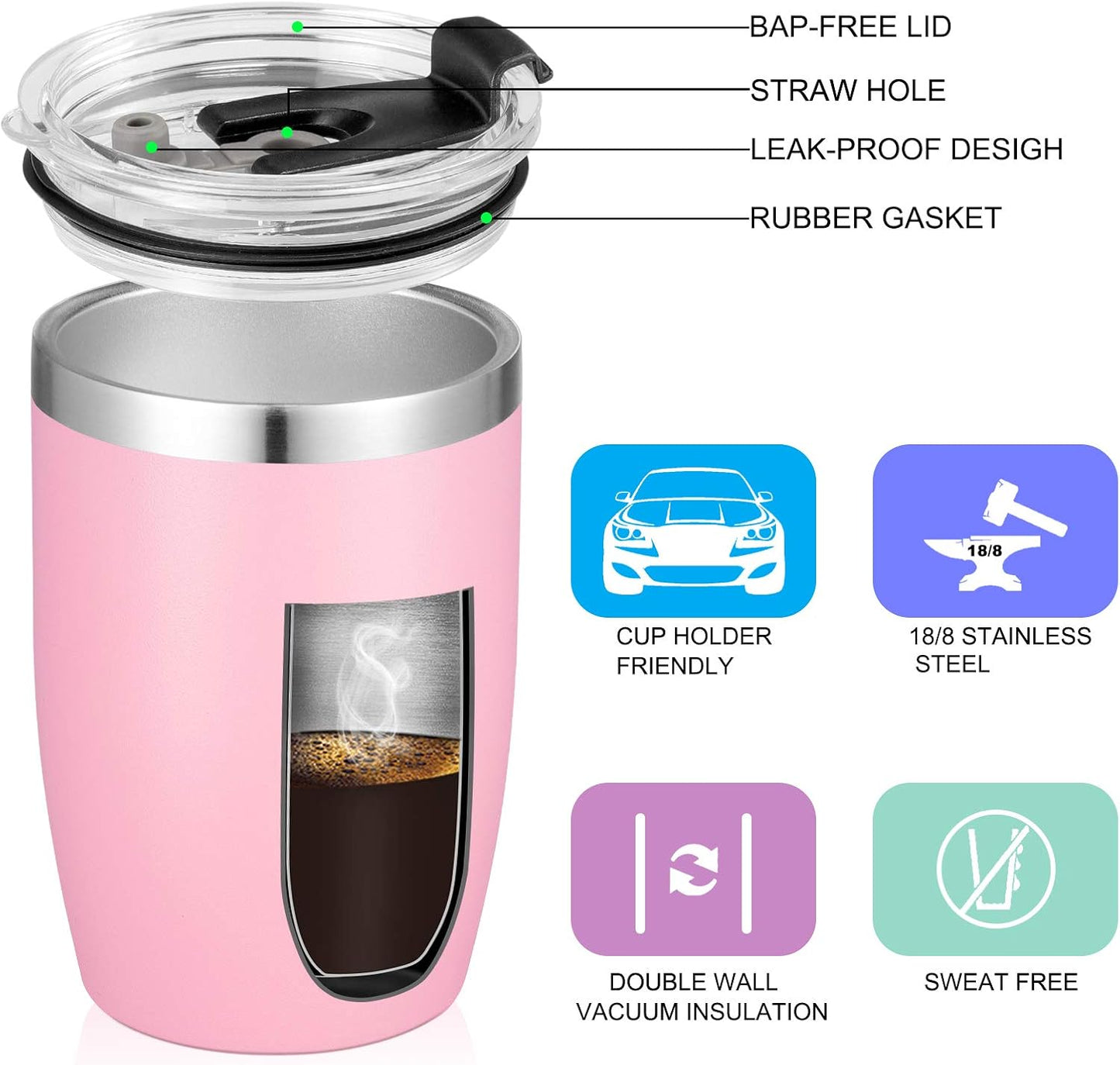 VEGOND Stainless Steel 12 oz Tumblers bulk Vacuum Insulated Double Wall Travel Tumbler with Lid and Straw Reusable Tumbler, Pink 1 Pack