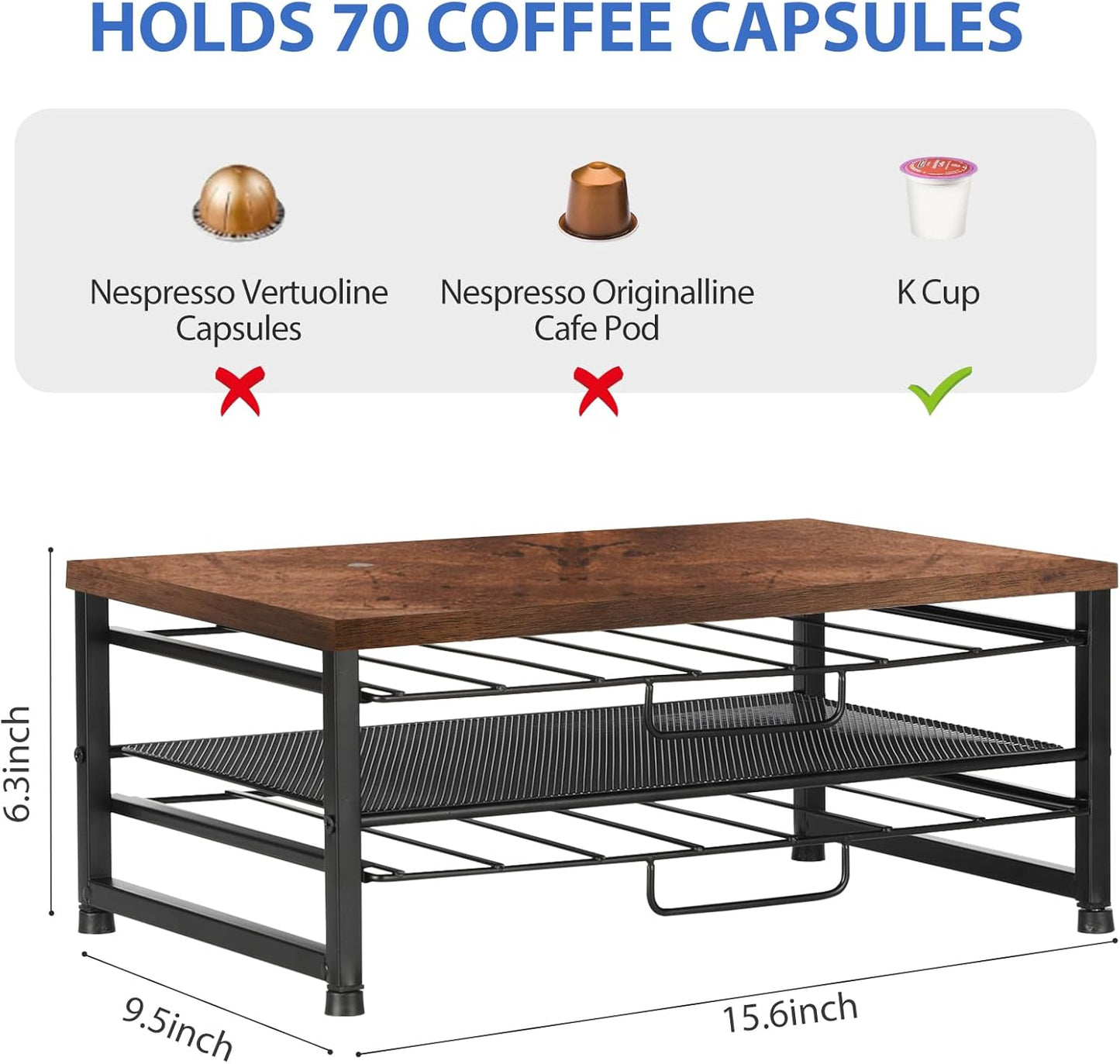 K Cup Holder Organizer for 70 Pods, 2-Tier Coffee Pod Holder for K-Cup with 2 Sliding Storage Drawers, Coffee Station Bar Organizer for Kitchen Countertop, Home & Office, Wooden