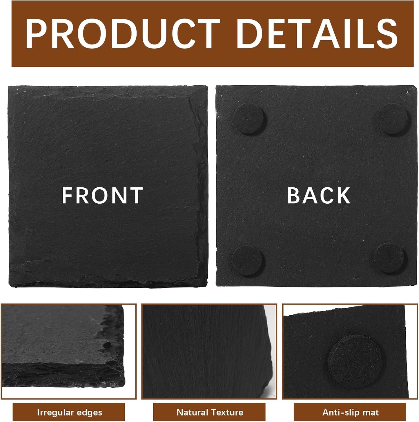 48 PCS Slate Coasters Black Square 4 Inch Bulk Rock, Blank Laser Engraving, Scratch Resistant Bottom, Home Office Kitchen Gift Wedding Bar Party (48 PCS Square Coasters)