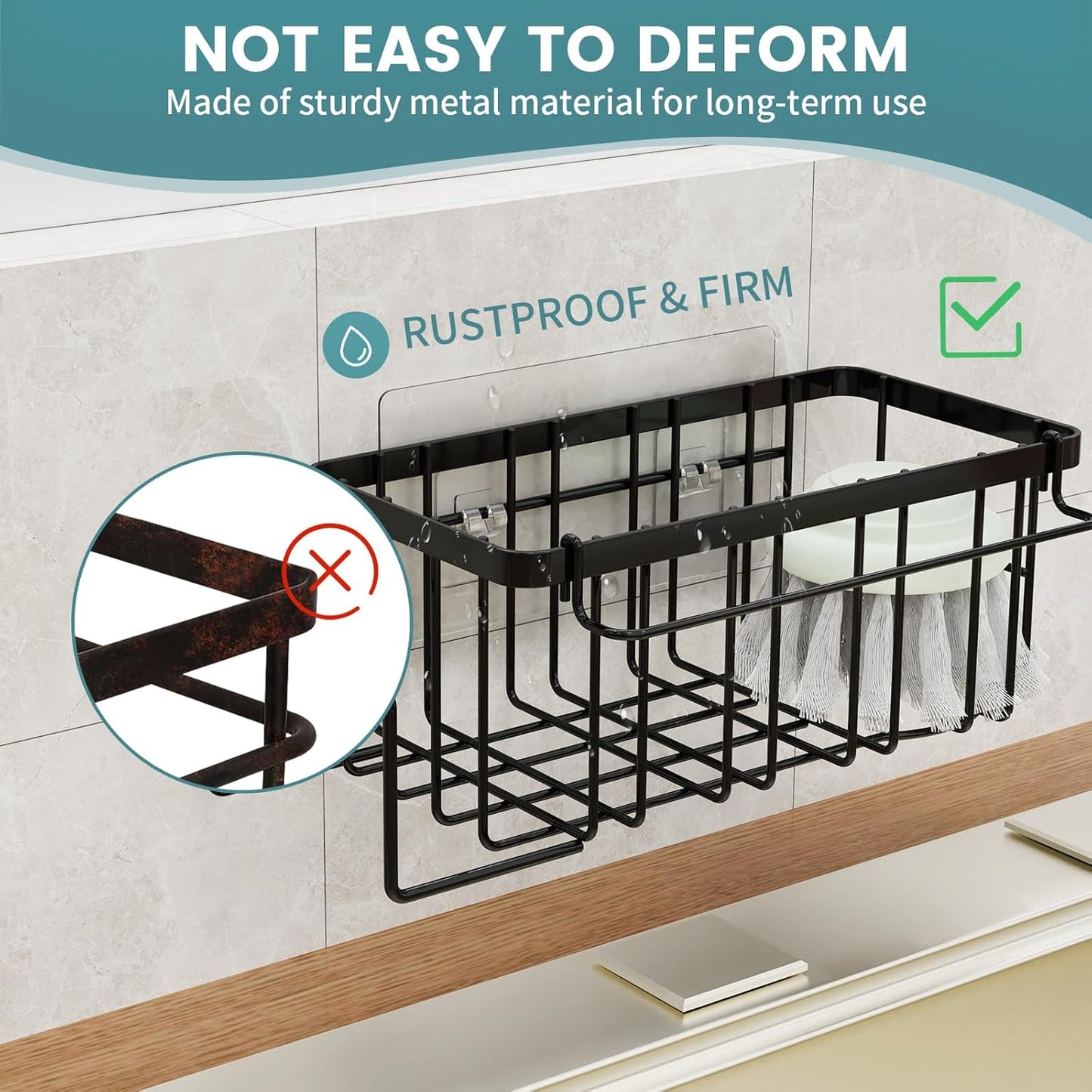 StorageRight 4-in-1 Sponge Holder for Kitchen Sink, Kitchen Organizers and Storage with Adhesive Hook & Suction Cups, Rustproof Sink Caddy for Kitchen Decor, Kitchen Sink Organizer - Black