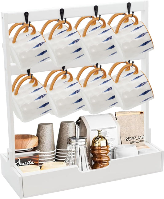 MinBoo Coffee Mug Cup Stand Bamboo Counter Top with 16 Hooks 2 Tier Coffee Mugs Tree with Coffee Pod Drawer Countertop Mug Rack Shelf Organizer Stand for Home Coffee Bar Kitchen Storage Display White