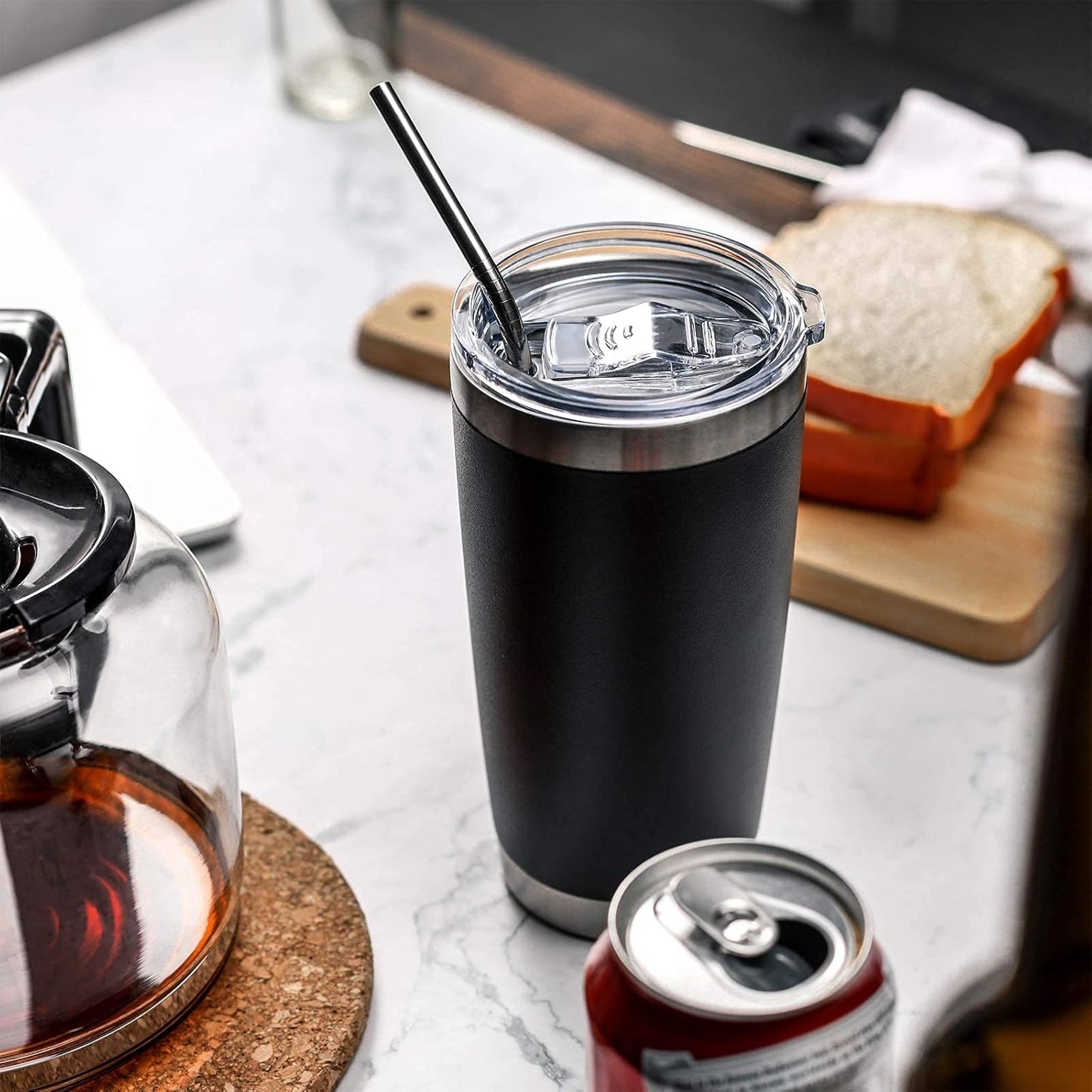 COMOOO 20oz Black Tumbler 4 Pack Stainless Steel Insulated Travel Mug with Lid and Straw Vacuum Double Wall Coffee Cup for Hot Beverage and Cold Drinks(Black, 4 Pack)