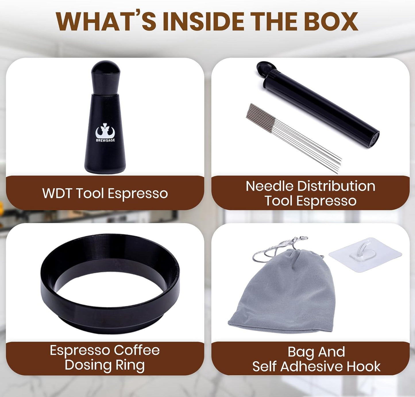 Espresso Accessories Kit – WDT Distribution Tool & 58mm Espresso Dosing Funnel for Baristas – 0.35mm Needle Stirrer with Extra Replaceable Needles, Handle & Storage Pouch