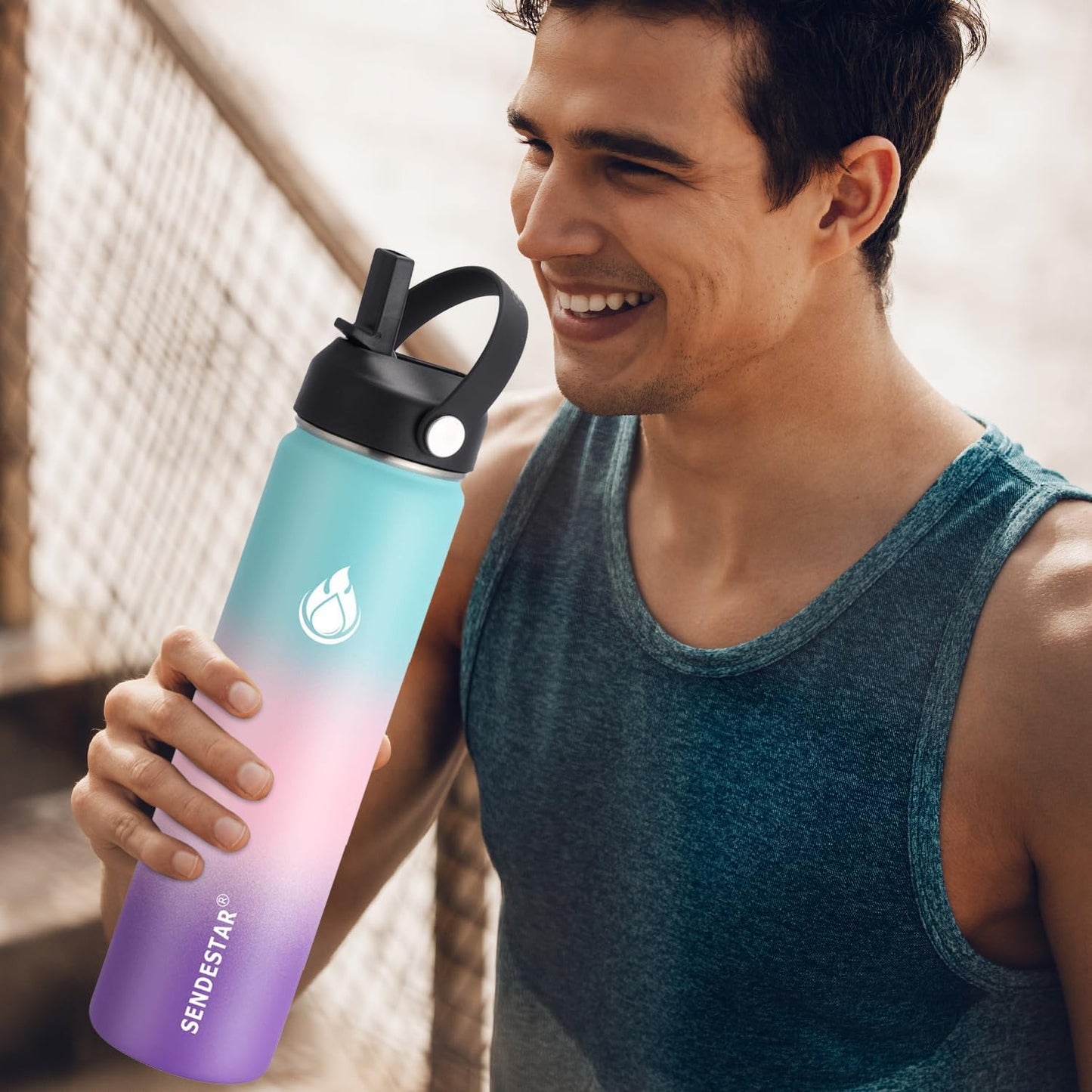 SENDESTAR Water Bottle 40oz Double Wall Vacuum Insulated Leak Proof Stainless Steel Sports Water Bottle—Wide Mouth with New Flex Straw Lid & Spout Lid (Hydrangea)