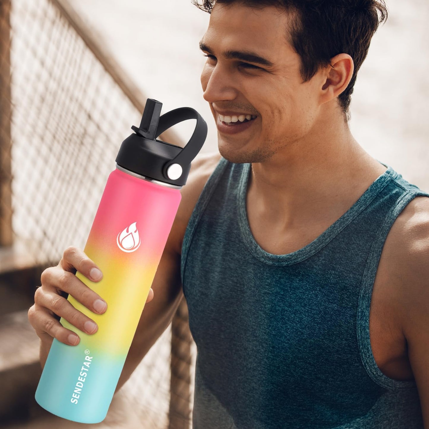 SENDESTAR Water Bottle 32oz Double Wall Vacuum Insulated Leak Proof Stainless Steel Sports Water Bottle—Wide Mouth with New Flex Straw Lid & Spout Lid (Sobert)