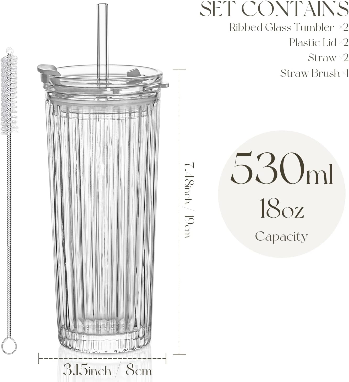 KEMORELA Ribbed Glass Tumbler with Straw and Lid – 18oz Durable Leak-Proof Drinking Cup for Hot and Cold Beverages – Stylish Design, Ideal for Iced Coffee, Smoothies, and More (2PCS-A)