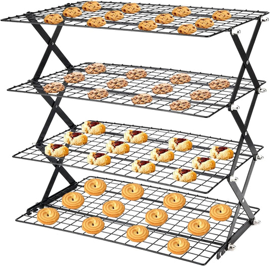 Cooling Racks for Cooking and Baking，2/3/4-Tier Upgraded Collapsible Cooling Rack，Adjustable 3 Setting Stackable Design，Nonstick Wire Rack for Baking，Roasting，Drying，Cookie，Cake，Muffins，Space Saving