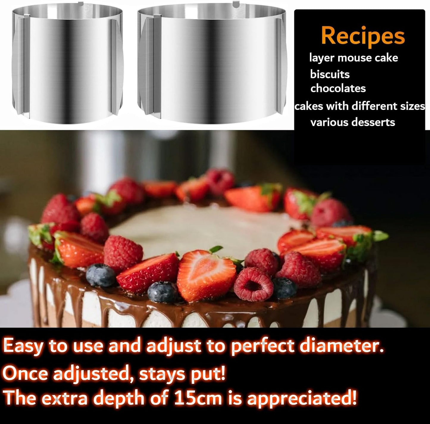 DATANYA Cake Ring Extra High 15cm - Adjustable 6 Inch to12Inch Stainless Steel Round Cake Mousse Molds Baking Ring, 5.9 Inch Deep Cake Mold with Precise Scaling