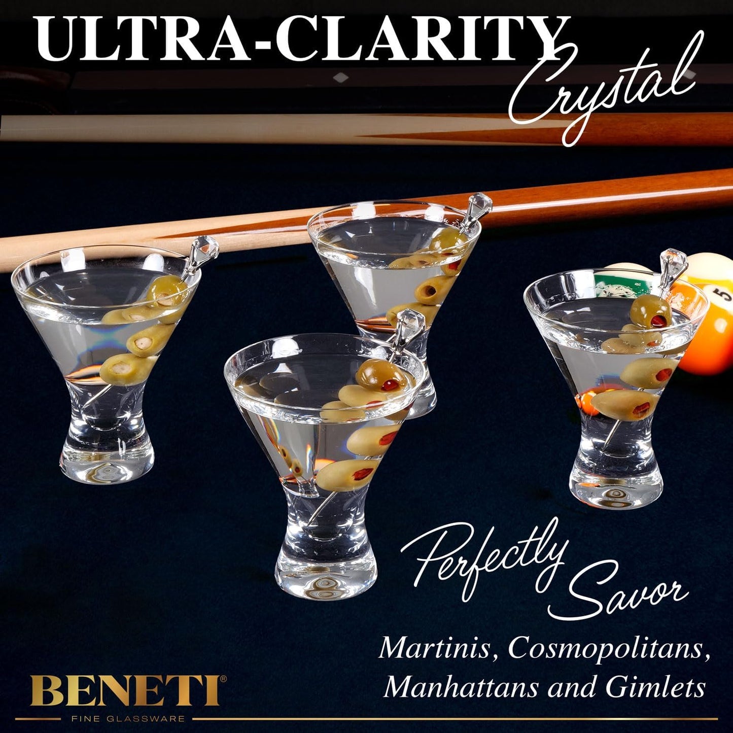 BENETI Martini Glasses Set of 4 | Made in Europe | 8oz Clear Stemless Cocktail Bar Drinking Glassware Set for Parties (4 Pack)