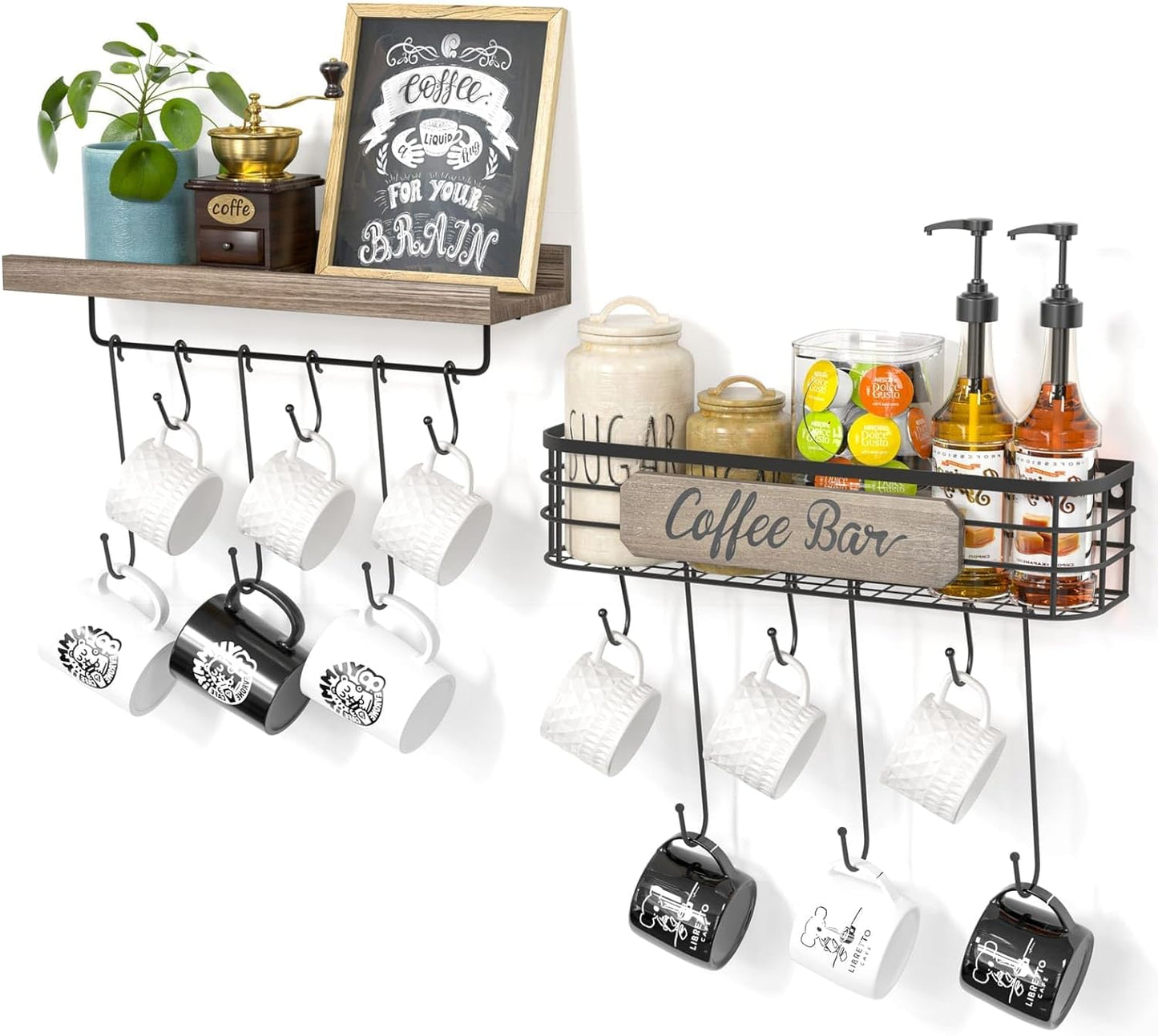 Coffee Mug Holder Organizer 2 Pack with 12 Mug Hooks Mug Rack Wall Mounted with Coffee Bar Sign Farmhouse Coffee Accessories and Organizer with Metal Basket Floating Shelves for Wall Weathered Walnut