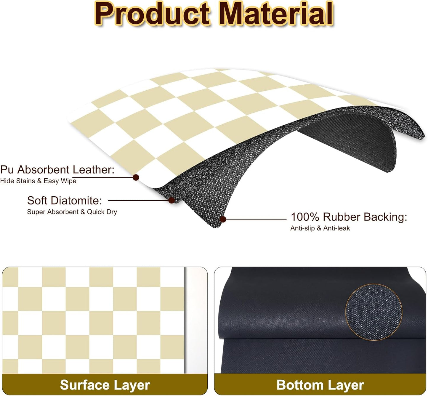 Checkered Dish Drying Mat for Kitchen, 15.7'' x 23.6'' Coffee Bar Mat for Countertops, Coffee Station Mats with Non-slip Rubber Backed, Absorbent Dish Dying Mat for Kitchen Counter, Beige & White