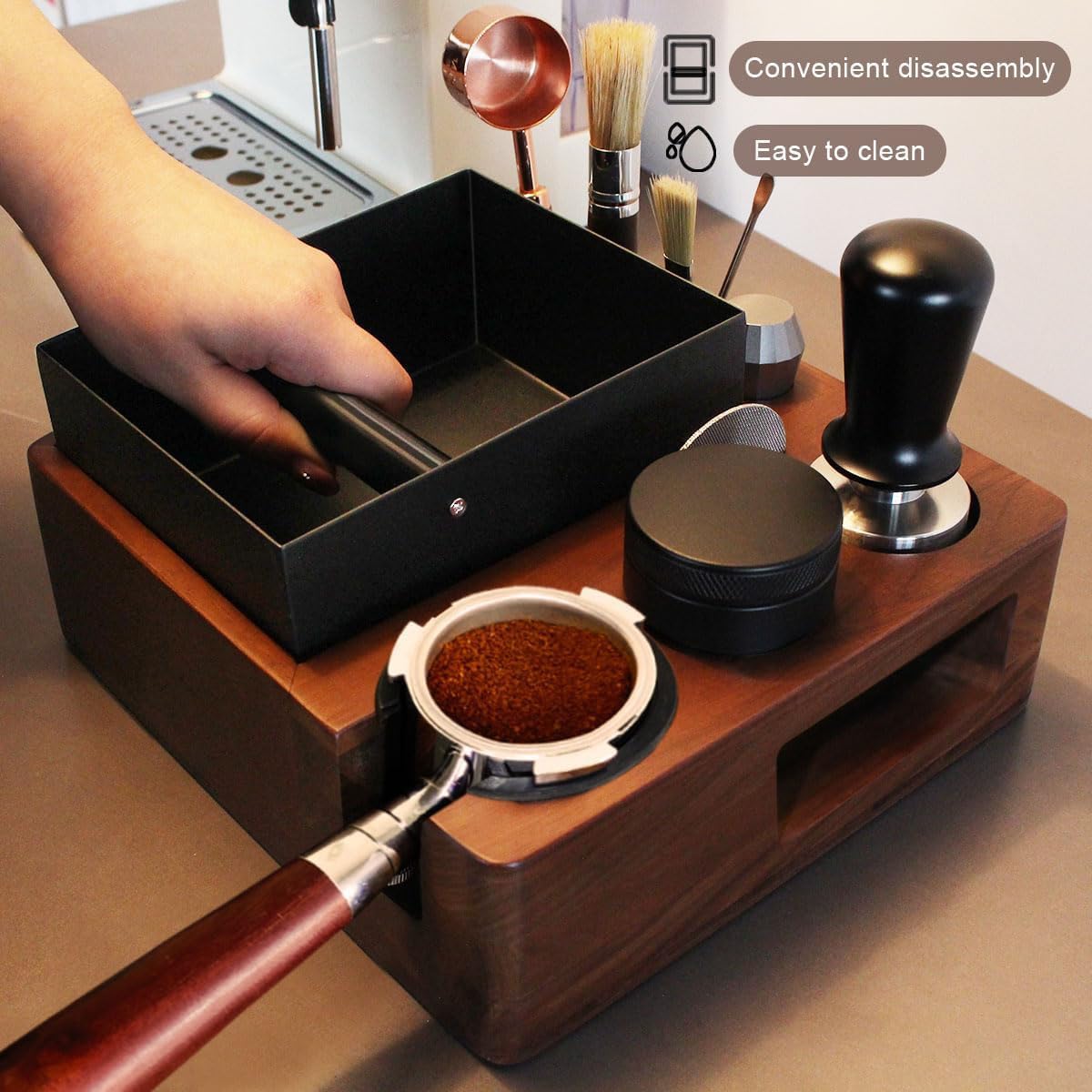 Espresso tamping station knock box,tamper station,Espresso station fit for storage 51-58mm tamper,distributor,portafilter,puck screen accessories,9 in 1 espresso knock box and tamper station