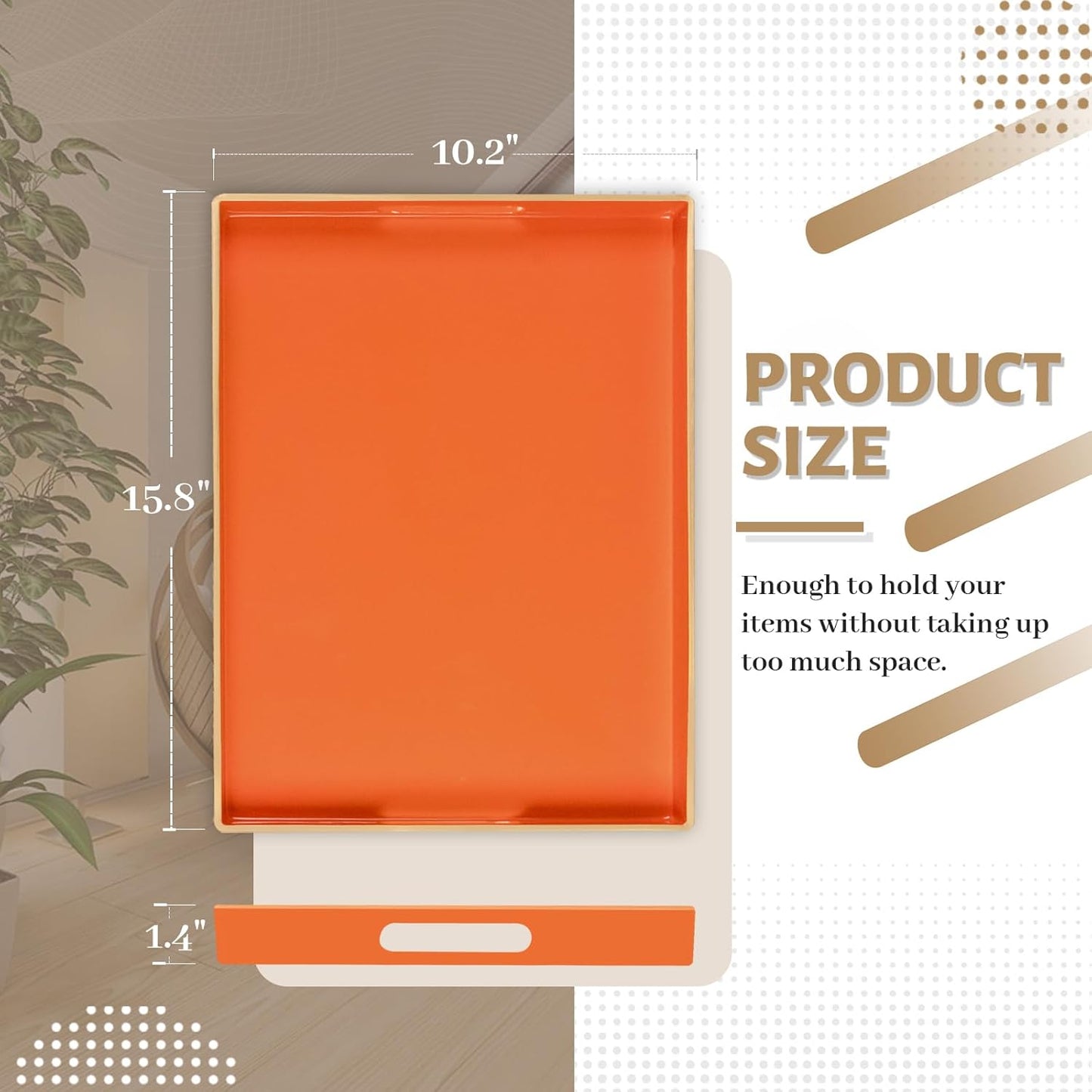 MAONAME Orange Serving Tray with Handles, Modern Decorative Trays for Coffee Table, Plastic Rectangular Trays for Ottoman, Bathroom, Halloween Decor, 15.8” x 10.2” x1.4