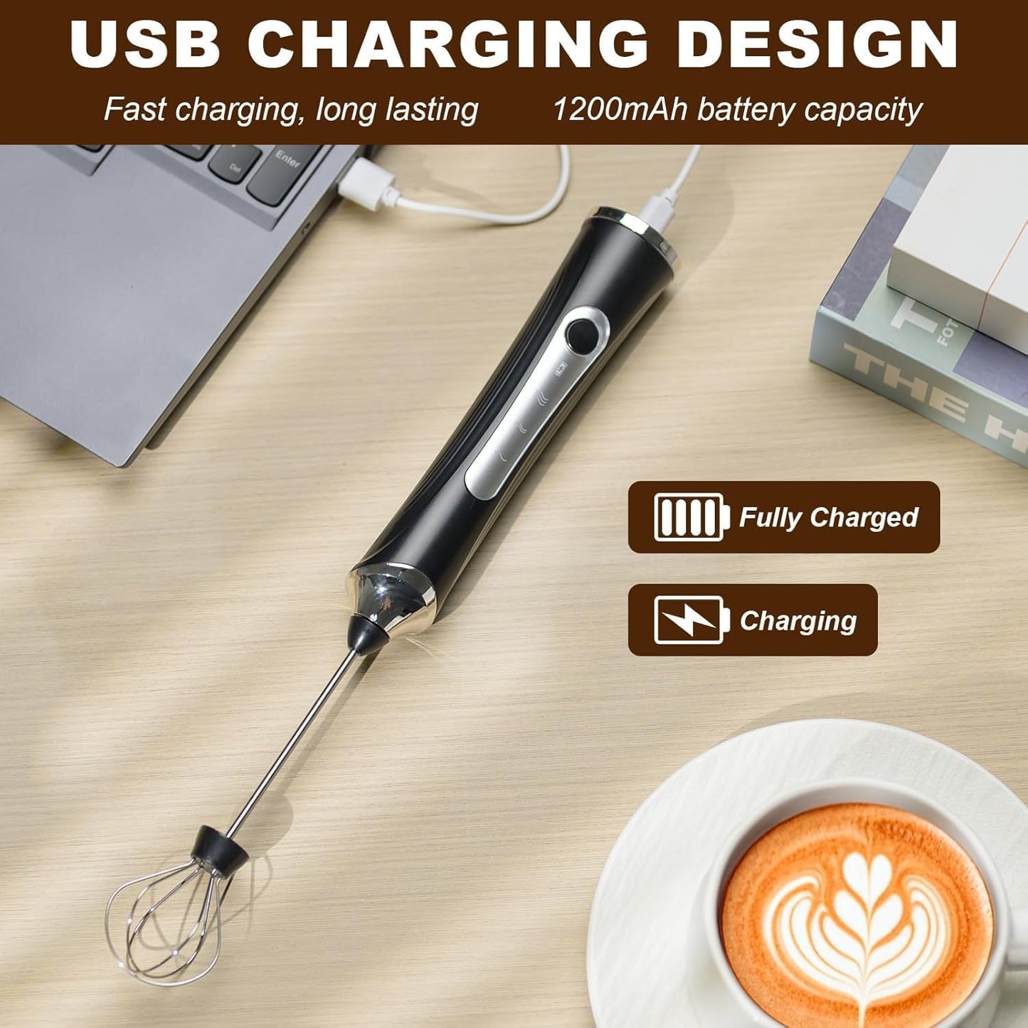 Handheld Electric Milk Frother with 2 Heads, Coffee Whisk Foam Mixer with USB Rechargeable 3 Speeds, Foam Maker Blender for Latte, Cappuccino, Hot Chocolate, Egg (Black with stand)