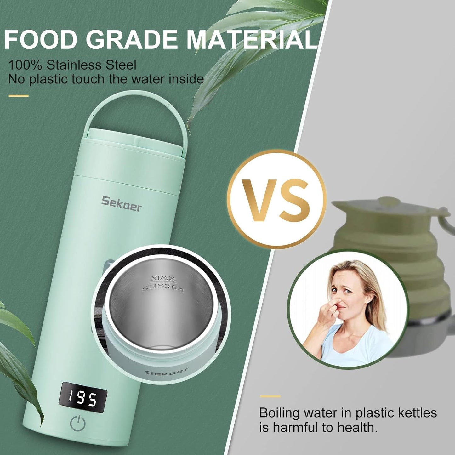 Sekaer Travel Electric Tea Kettle Portable Small Mini Coffee Kettle, with 4 Variable Presets, Personal Hot Water Boiler 304 Stainless Steel with Auto Shut-Off & Boil Dry Protection, SY-618G