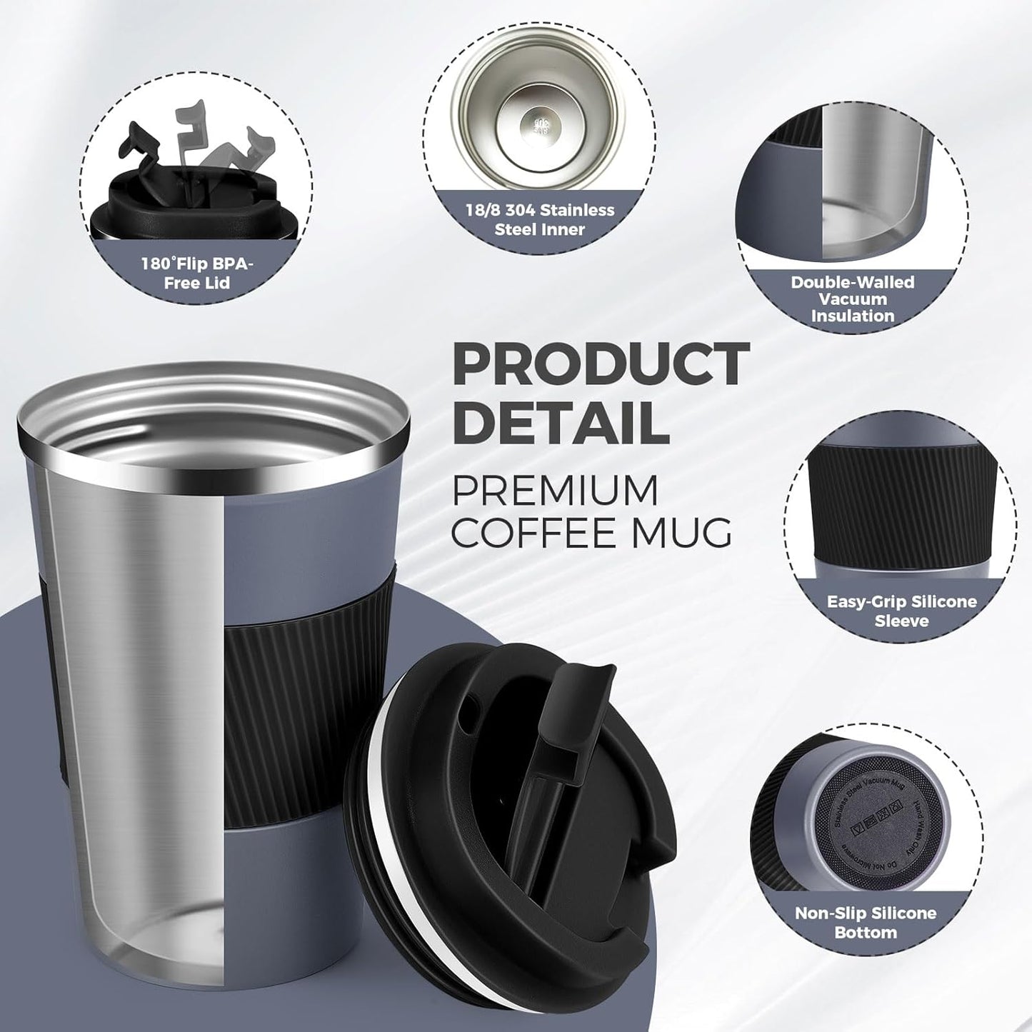 Volhoply 13 oz Stainless Steel Insulated Travel Coffee Mug with Fip Lid Bulk 4 Pack,Reusable Double Wall Vacuum Metal Coffee Cup,Portable Leak Proof Thermal Tumbler for Hot & Cold Drinks(Gray,4)