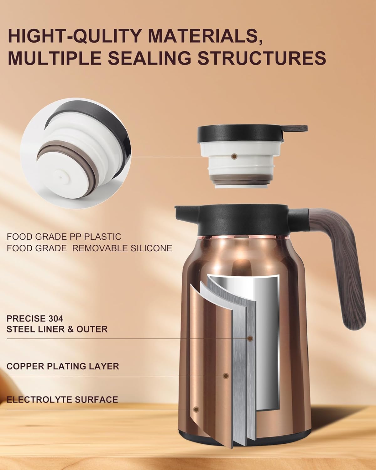 51 Oz Carafes for Hot Liquid, Stainless Steel Insulated Vacuum Thermal Coffee Carafes For Keeping Hot, 1.5 Liter Coffee Dispenser(Gold)