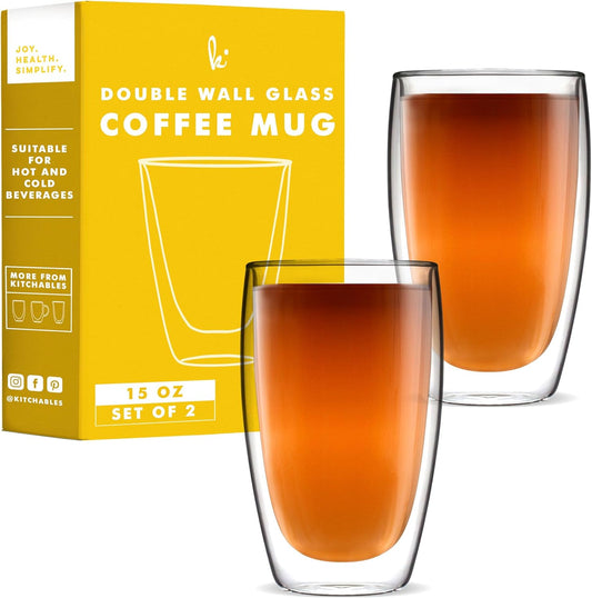 Kitchables Double Walled Glass Coffee Mugs Set of 2, 15oz Insulated Glass Coffee Mugs for Cappuccino, Latte, Tea, Espresso - Latte Cup - Tazas Para Cafe