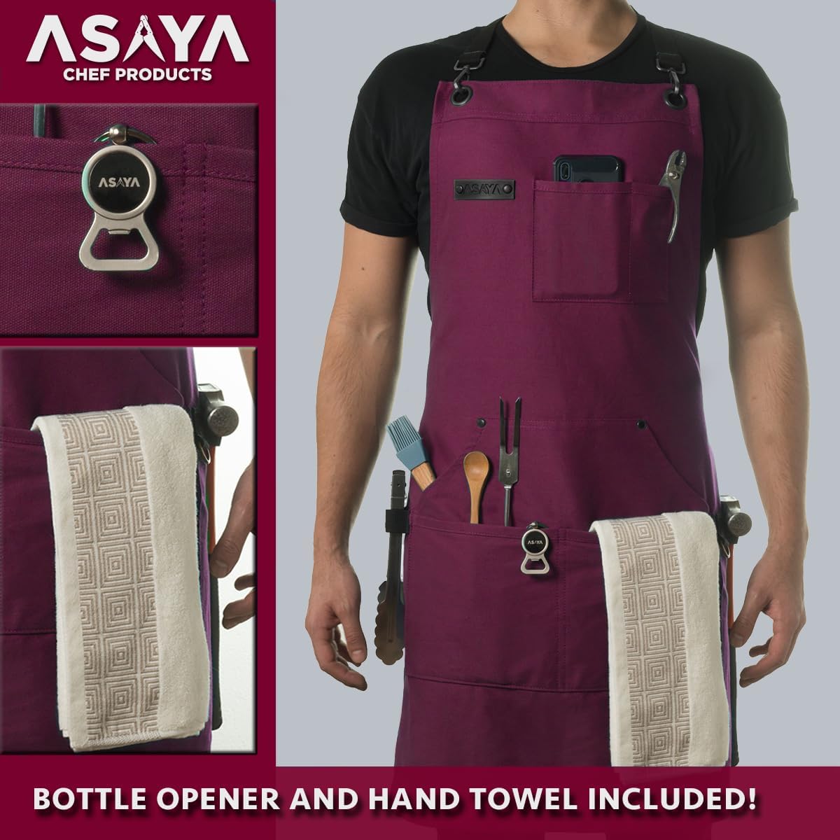 Asaya Chef and BBQ Apron with Bottle Opener and Hand Towel - 10oz Cotton Canvas, Stainless Steel Hardware - Cross Back Straps