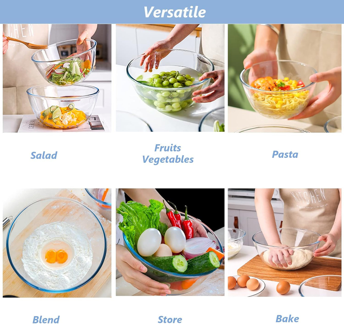 WhiteRhino Glass Mixing Bowls Glass Bowls with Lids Set(4.5QT,2.7QT, 1.1QT),Large Salad Bowls,glass mixing bowl Space-Saving Nesting Storage bowls for Cooking,Baking,Prepping,Dishwasher Safe