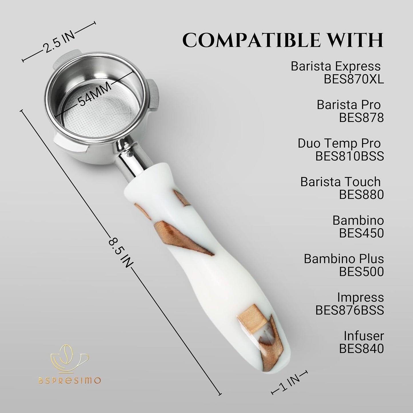 54mm Bottomless Portafilter Modern Handle – Includes Stainless Steel Naked Basket – Fits Breville Barista Express & 54mm Breville Espresso Machines - Espresso Machine Accessories – White