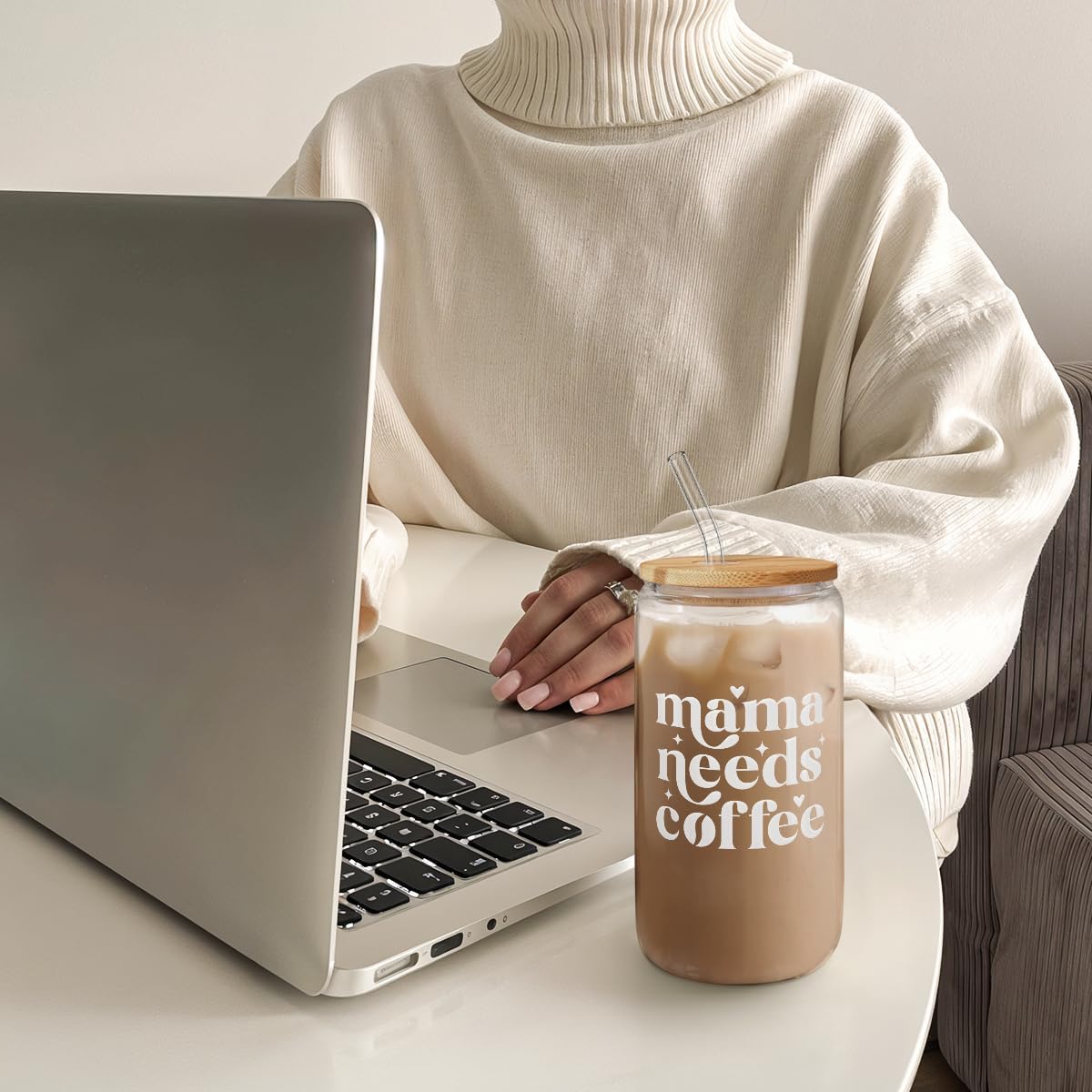 SANDJEST Mom Glass Can, Mama Needs Coffee Cup with Lid & Straw, Iced Coffee Aesthetic Cups, Idea Gifts for Christmas Birthday Mother Day, Gifts for Women, 16oz