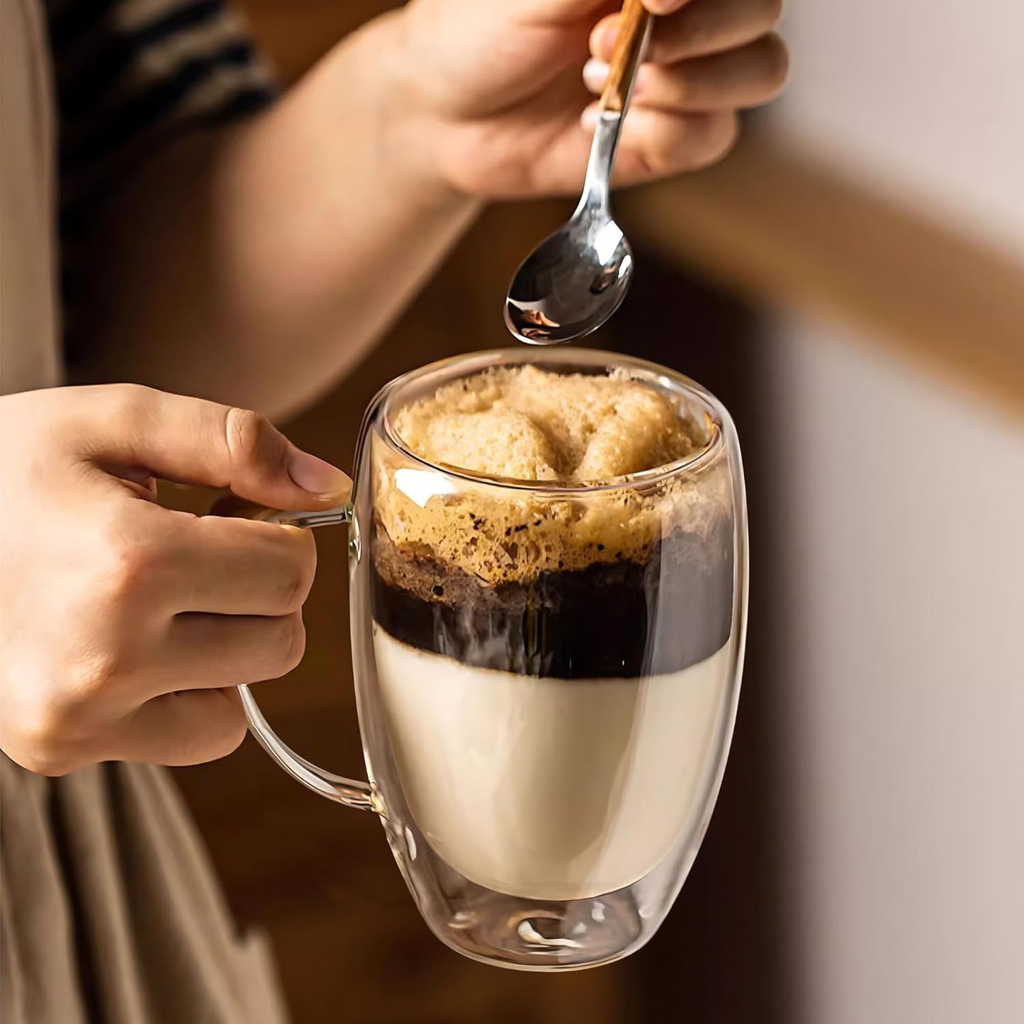 Set of 2 Double Walled Glass Coffee Mugs 16 Ounces Insulated Layer Coffee Cups with Handle Borosilicate Glass Espresso Cup for Hot Beverage,Cappuccino,Tea,Latte,Wine,Microwave Safe