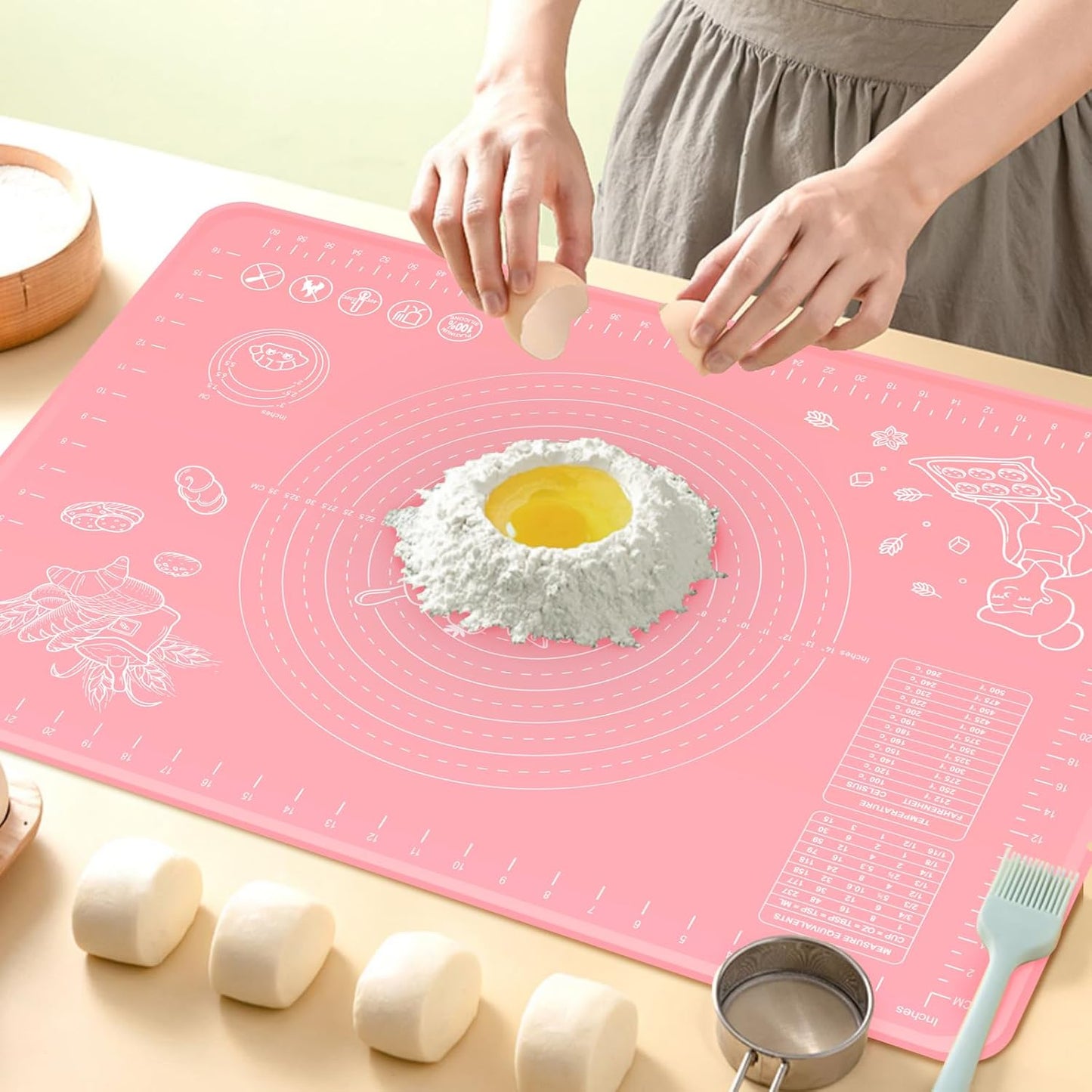 Silicone Pastry Mat 32" x 24" Extra Thick Non Stick Baking Mat with Measurements and Edge Heightening, Food Grade Silicone Rolling Mat for Pastry, Bread, Cookies, Pizza, Fondant, Pasta - Pink