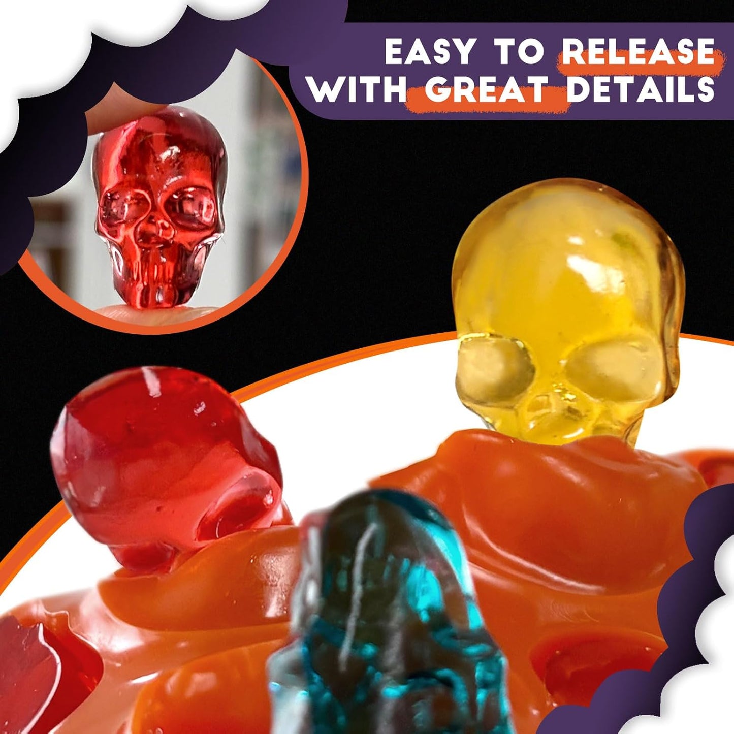 Mini Skull Molds Silicone Halloween for Candy Gummy Chocolate, 200 Cavity 4 pcs Small Head Shapes Freezing Tray Party Wax Melts DIY Moulds BPA Free Treat or Trick Kids Oven Safe