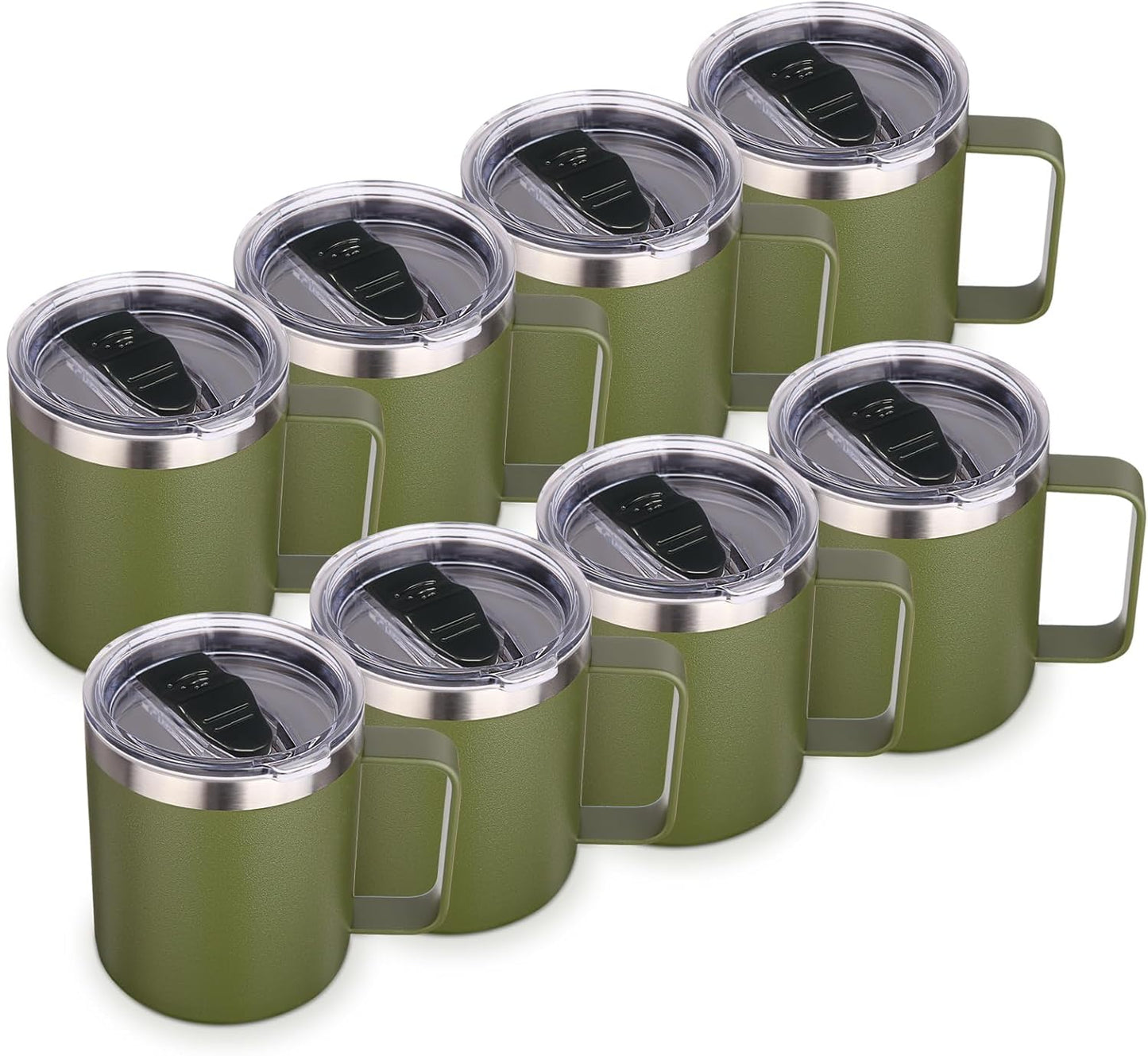 Volhoply 14oz Insulated Stainless Steel Coffee Mug with Lid Bulk 8 Pack,Double Wall Vacuum Travel Coffee Cup with Handle,Reusable Cups Tumbler,Camping Mugs Keep Hot, Ideal Gifts(Army Green,8)