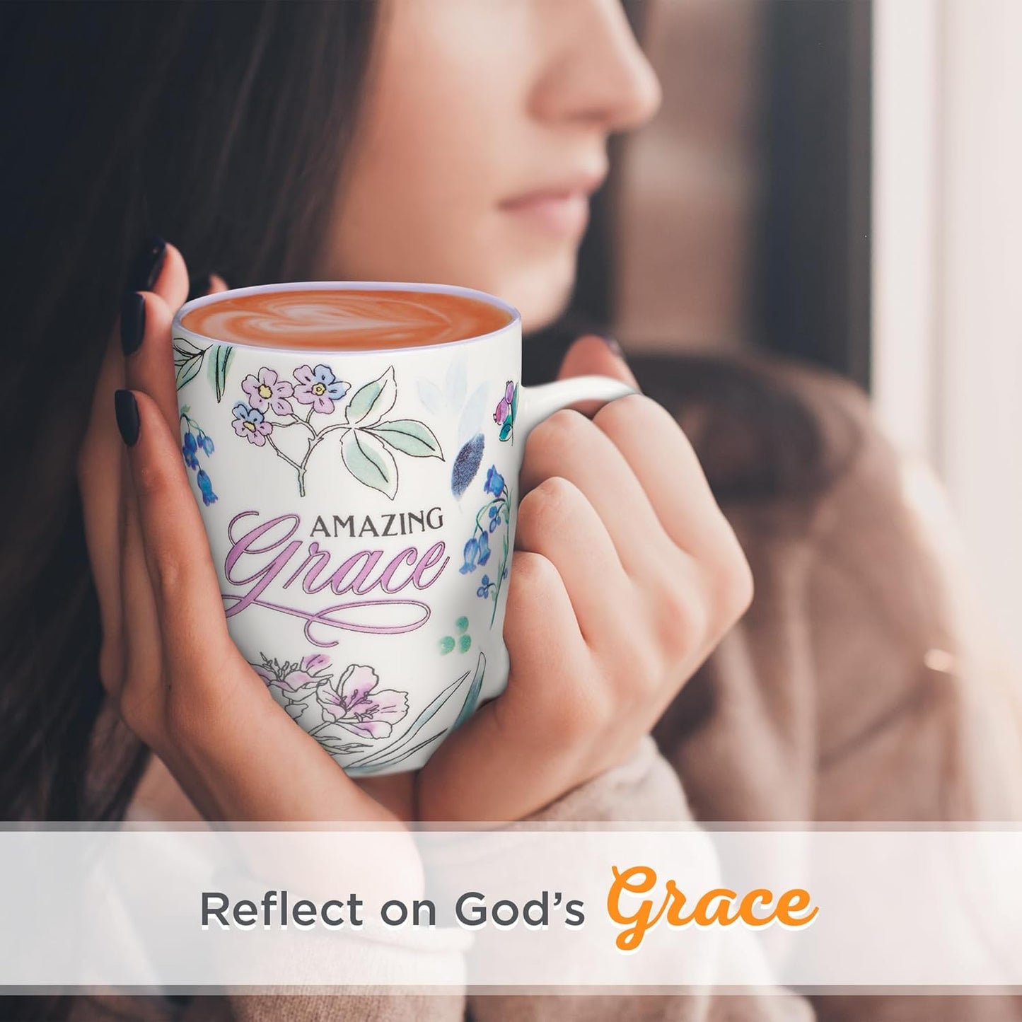 Christian Art Gifts Inspirational Ceramic Coffee & Tea Mug for Women: Amazing Grace, Cute Encouraging Lead-free Microwave & Dishwasher Safe Drinkware, White & Lavender Purple Multicolor Floral, 12 oz.