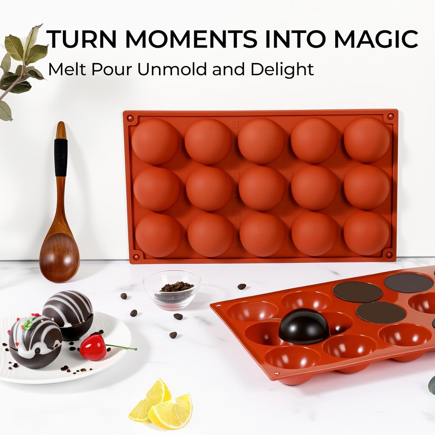 Semi Sphere Silicone Molds, 15 Cavities Half Sphere Hot Chocolate Bombs Mold for Making Jelly, Chocolates and Cake, Pack of 2