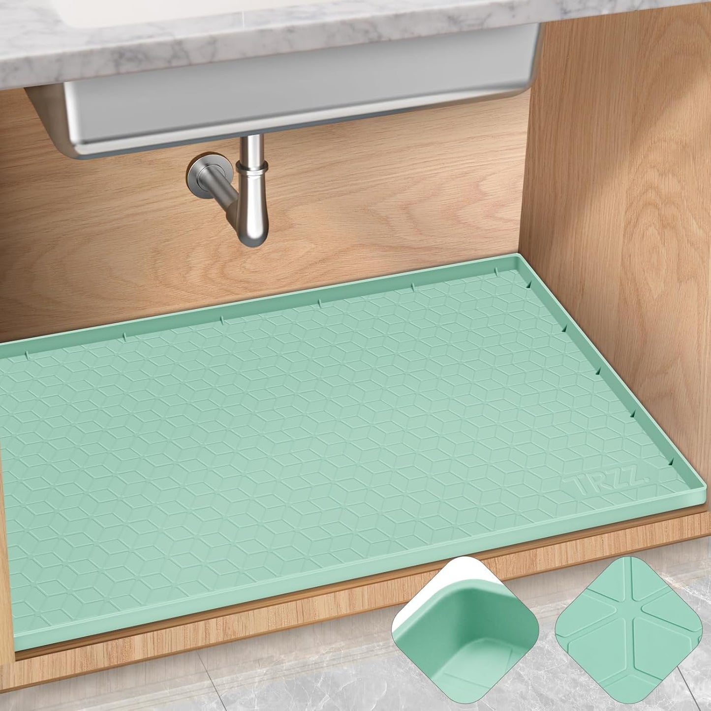 TRZZ Silicone Waterproof Under Sink Mat 28" x 19", Drip Tray and Cabinet Liner for Kitchen and Bathroom, Prevents Water Damage and Organizes Cabinets (Mint Green)