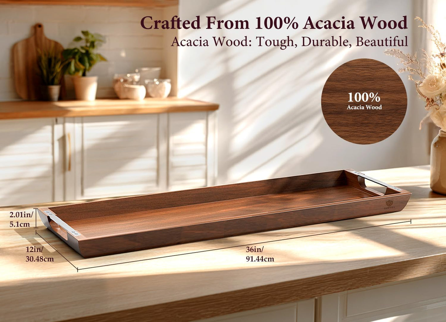 Large Acacia Wood Serving Tray with Metal Handles - 36" Long Charcuterie Board for Cheese, Meat & Appetizers - Perfect for Kitchen Use, Entertaining, BBQ Gatherings & Home Decor Display