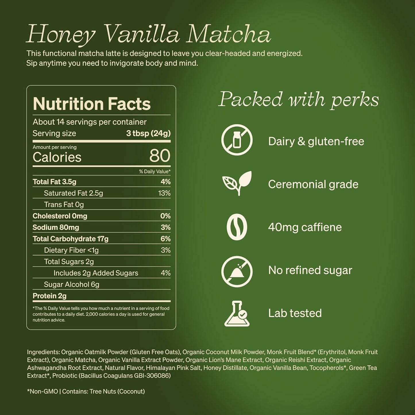 Clevr Blends Organic Honey Vanilla Matcha SuperLatte, Instant Ceremonial Grade, Superfood Powder Blend, Oat Milk, Lions Mane, Reishi Mushroom, Coconut Cream, Ashwagandha, Serve Hot or Iced (14 Lattes)