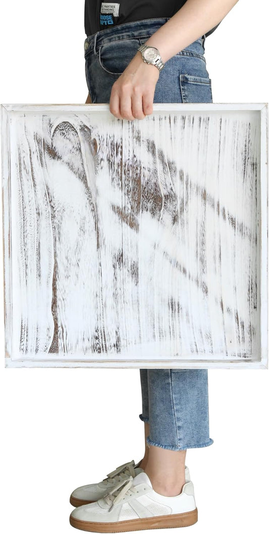 Extra Large Square Ottoman Table Tray 20" - Rustic Wooden Serving Tray for Farmhouse Decorative Oversized Coffee Table Trays Living Room Kitchen Counter Breakfast White