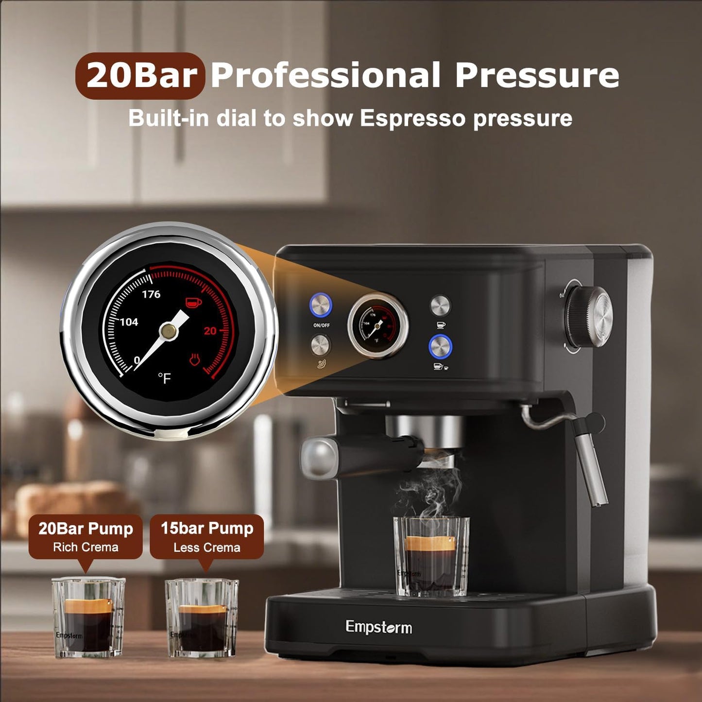 2in1 20 Bar Espresso Machine with Milk Frother, Coffee Latte Cappuccino Maker for Home, Coffee Machine Suitable for Coffee Powder/Capsules, Espresso Machines with Thermometer