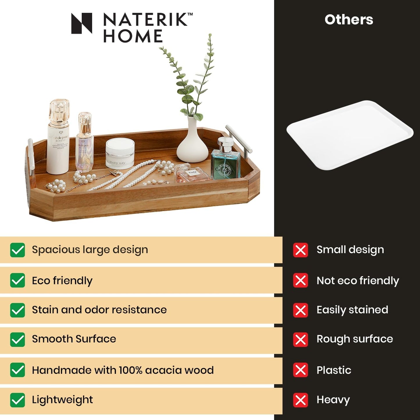 Wooden Serving Tray with Handles – Premium Acacia Wood Tray for Couch, Coffee Table, Ottoman, or Bar – Rustic Walnut & Dark Wood Serving for Drinks, Snacks, Breakfast, and Meal