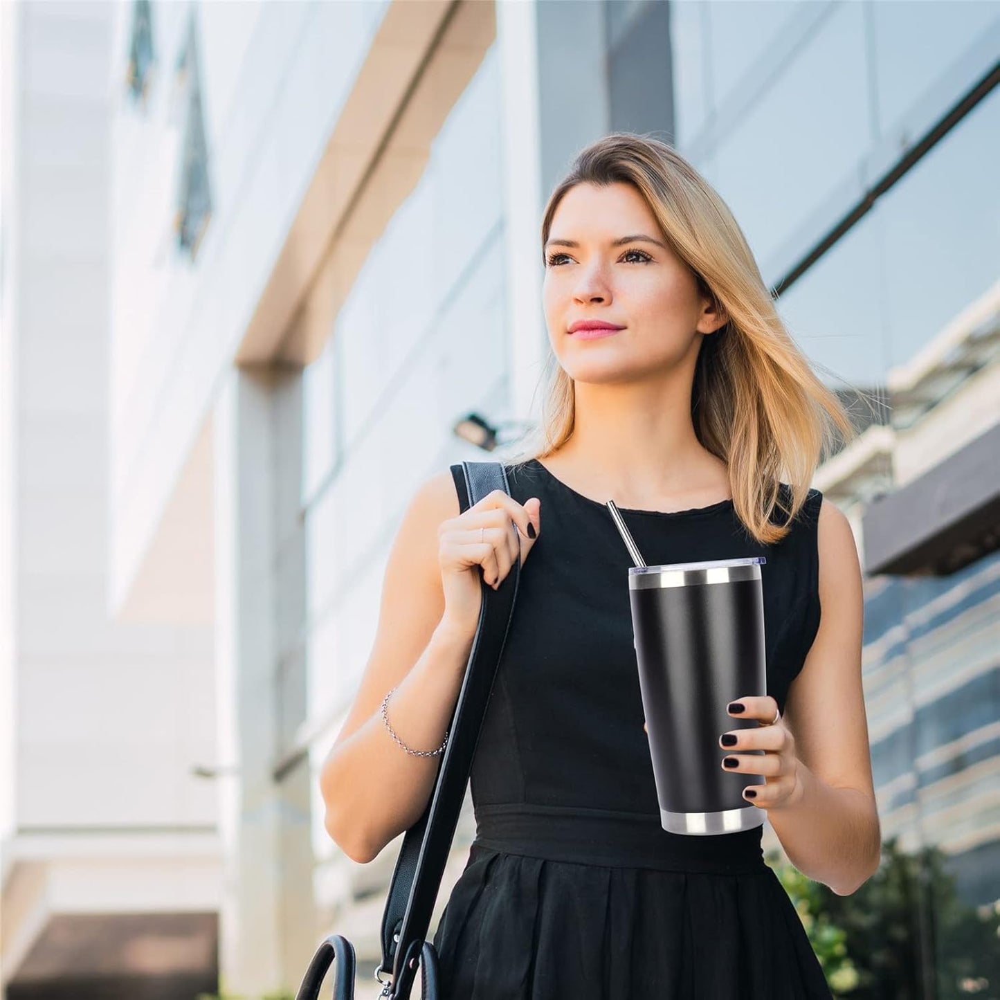 Pandance 20oz Stainless Steel Insulated Tumblers with Lid and Straw Bulk, Double Wall Vacuum Water Cups for Hot & Iced Coffee Drinks Travel Mug (Black, 1 pack)