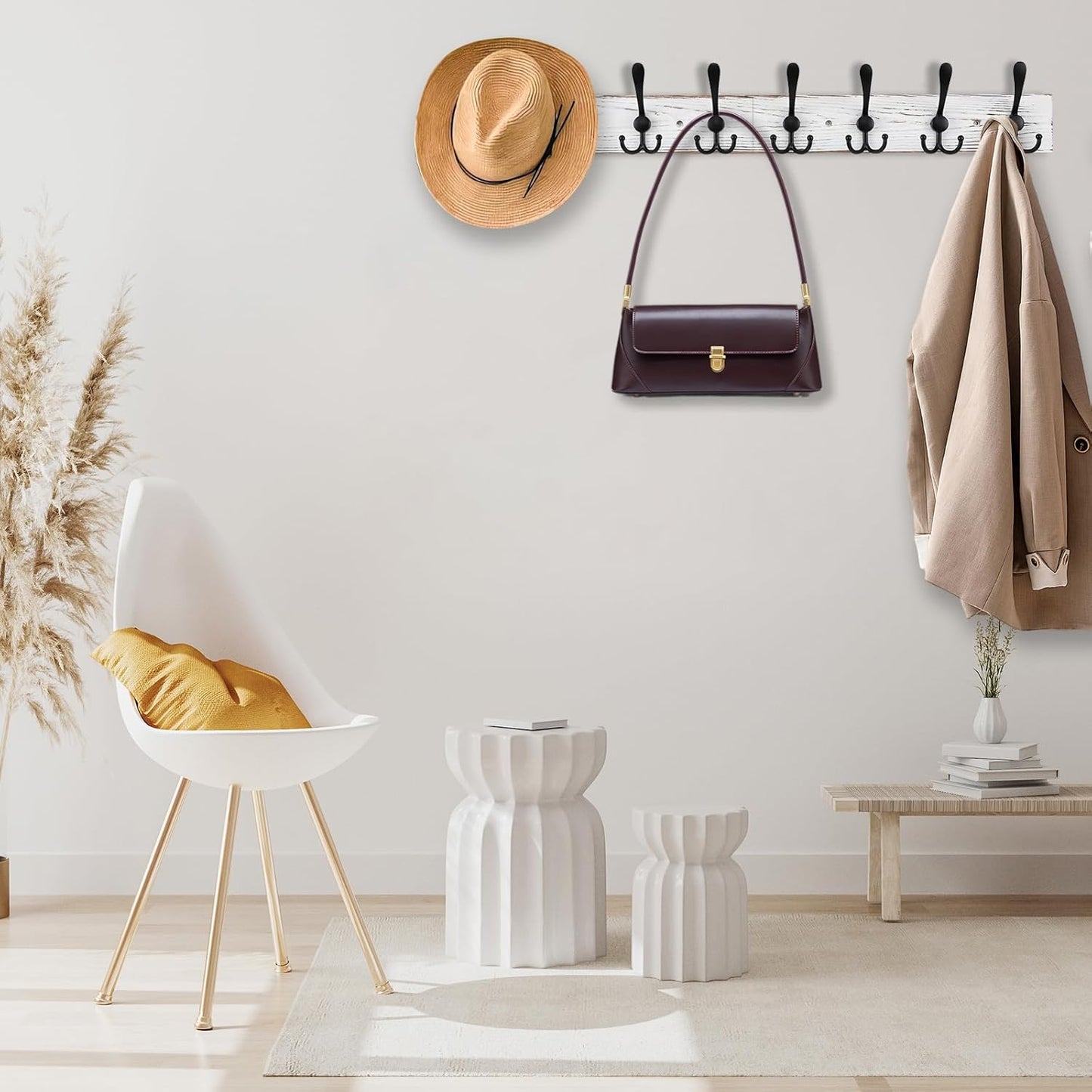 32.2'' Large Coat Rack Wall Mount Coat Hooks with 8 Metal Black Triple-Hooks Old White Pine Real Wood Plank Hat Rack for Wall Hooks