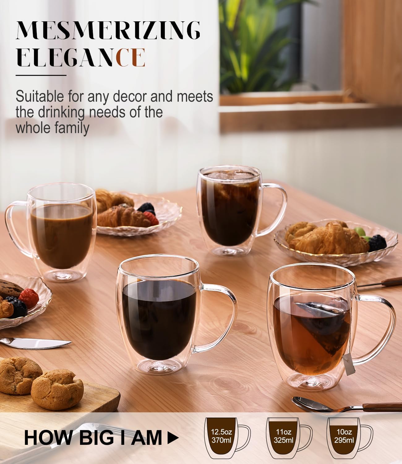 OJA Double Wall Glass Coffee Mugs Set of 4, Hand Blown 12.5OZ Clear Glass Coffee Cups, Insulated Tea Mug, Perfect for Espresso, Cappuccino, Latte, American,Tea Bag, Beverage