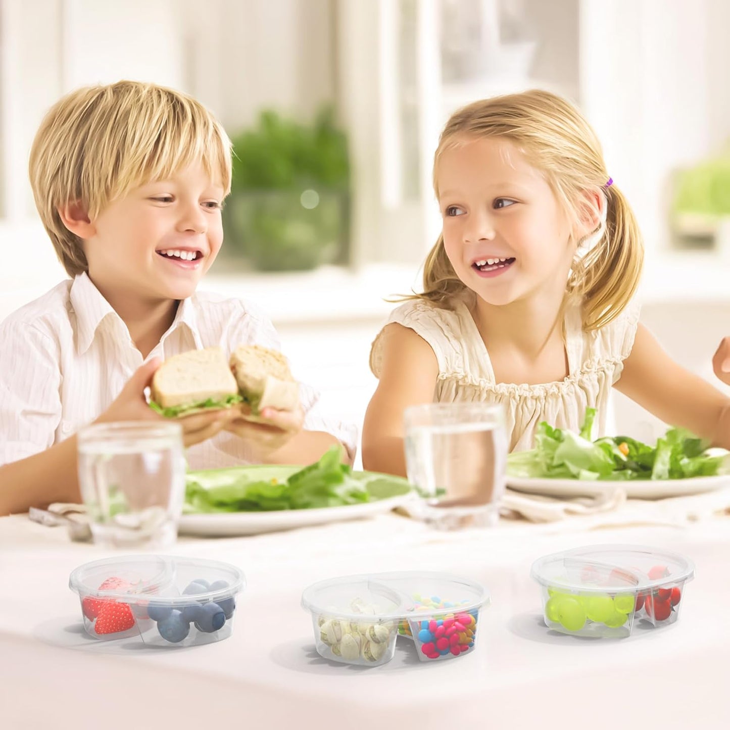 40pcs Reusable Snack Containers with Lids, 2 Compartment Snack Pack Containers for Fruits Candy Sauce Spices