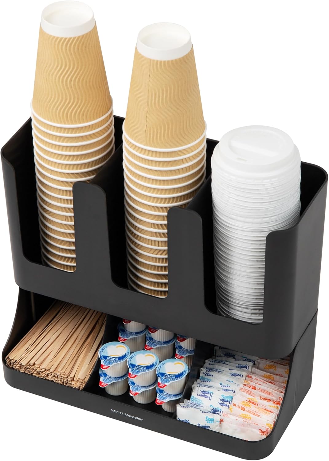 Mind Reader 6 Compartment Upright Breakroom Coffee Condiment and Cup Storage Organizer, Black