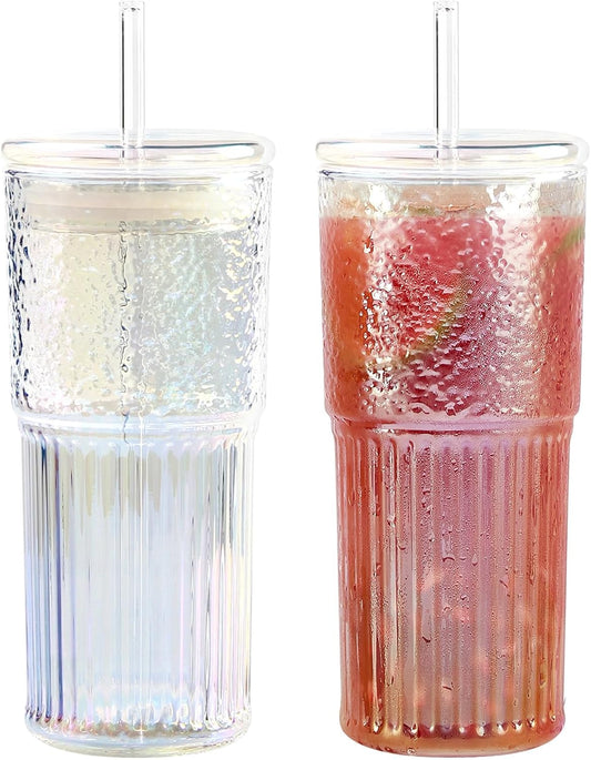 GOSCHE 20oz Glass Cups with Straws and Lids, Drinking Jar 2 Packs, Iced Coffee Cups Glass Tumblers for Water Smoothie Milkshake, Iridescent
