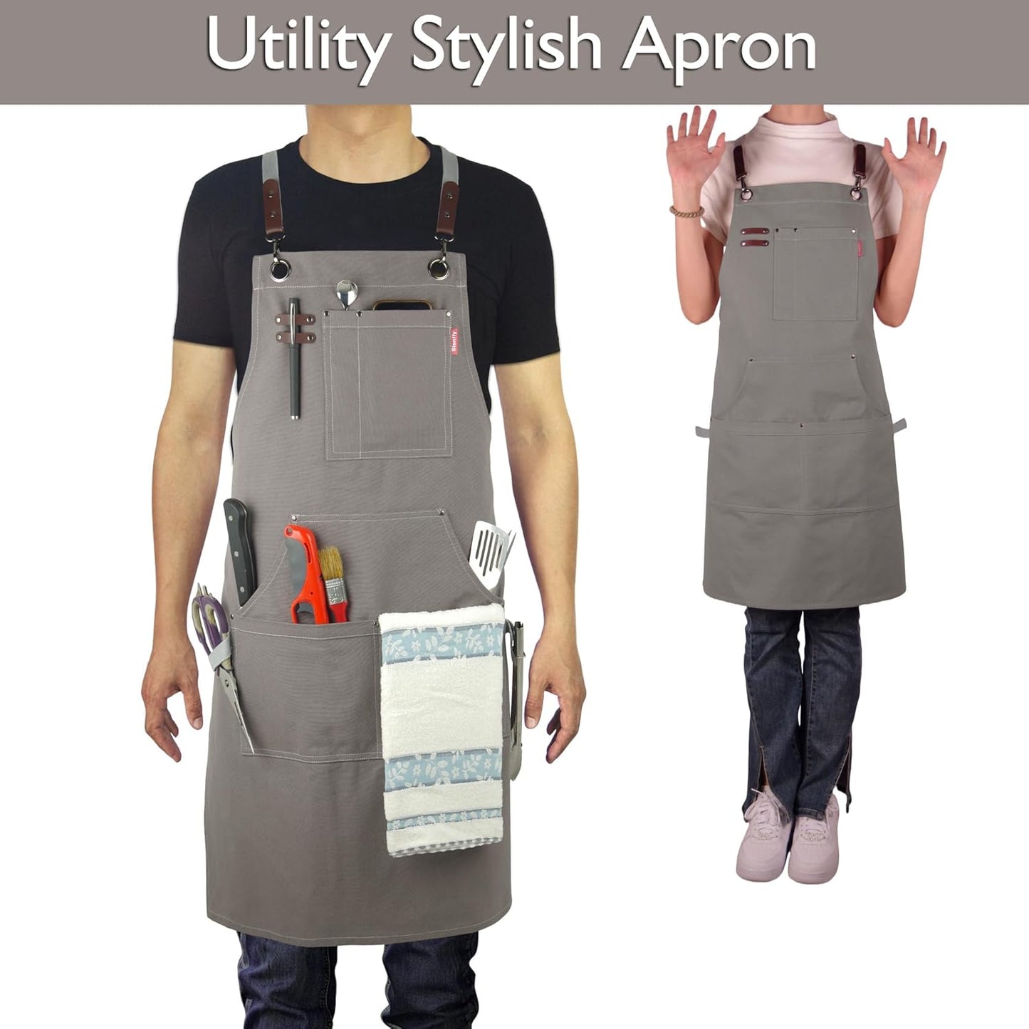 Kitchen Apron, Work Apron, Canvas, Multiple Pockets, Gardening, Painting, BBQ, Artist, Carpenter, Sizes M to XXL, Dark Gray