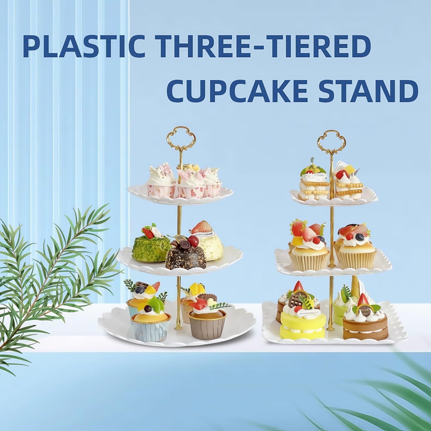 RAUVOLFIA 2 Pack of Plastic Round & Square Dessert Cupcake Stand, 3 Tier Cup Cake Holder Tower for Tea Party/Birthday/Wedding, Plastic Tiered Serving Tray (White)