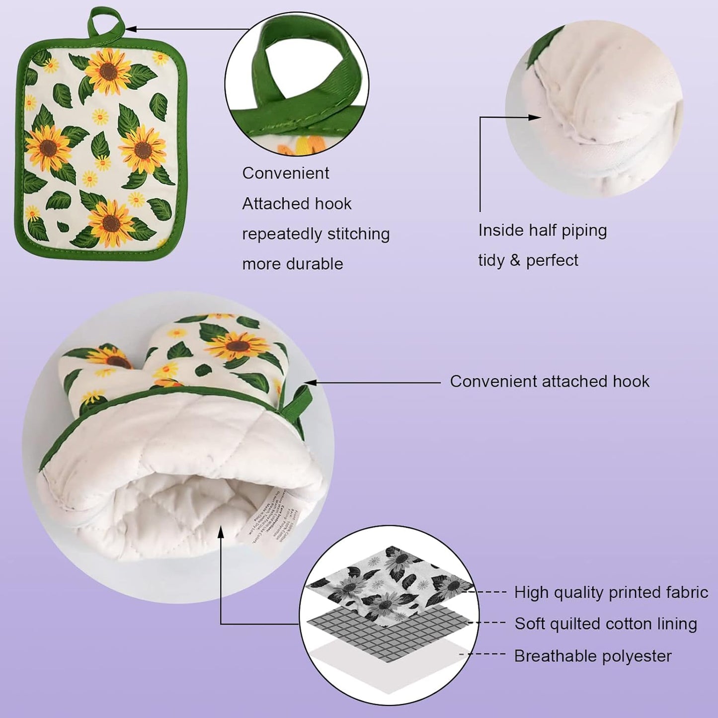 Oven Mitts and Potholders Dish Towles Set 100% Cotton for Perfect for Gifting, Baking and Everyday Cooking Durable Heat Resistant for Kitchen (5-Piece Sunflower)